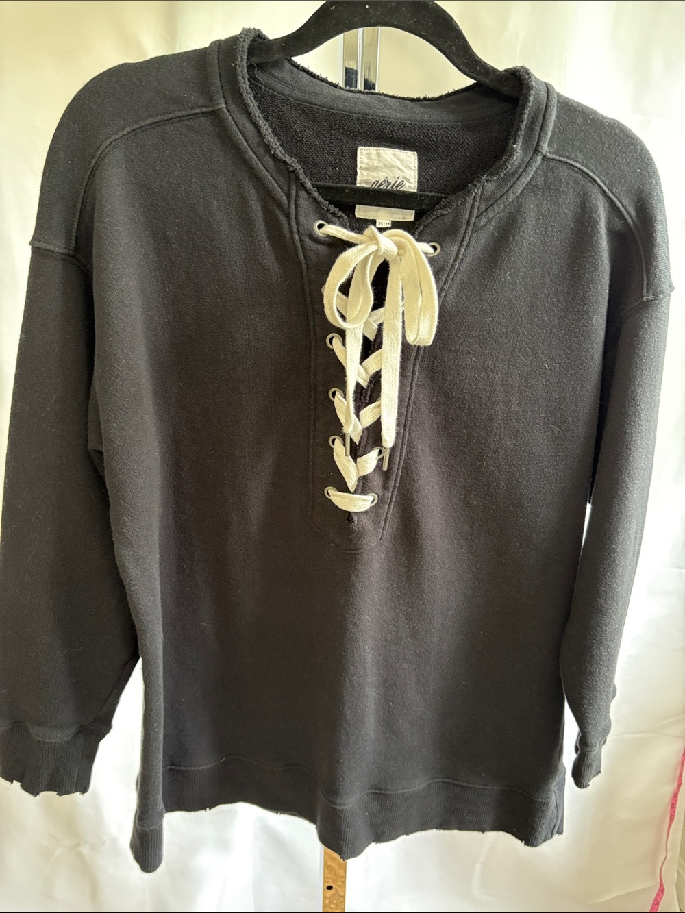 Aerie Lace-Up Pullover Sweatshirt in Black with Cream Laces